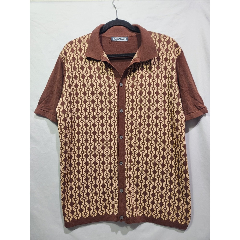 PJ PAUL JONES Mens LG Vintage Brown Diamond Geo Knit‎ Polo Cardigan Grandpacore